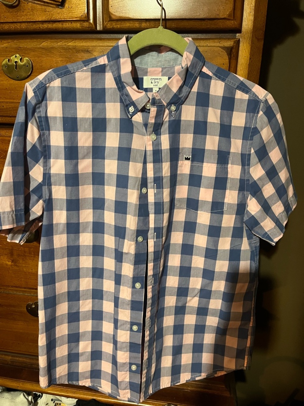 crown & ivy Blue and Light Pink Gingham Short-Sleeve Button-Down Shirt